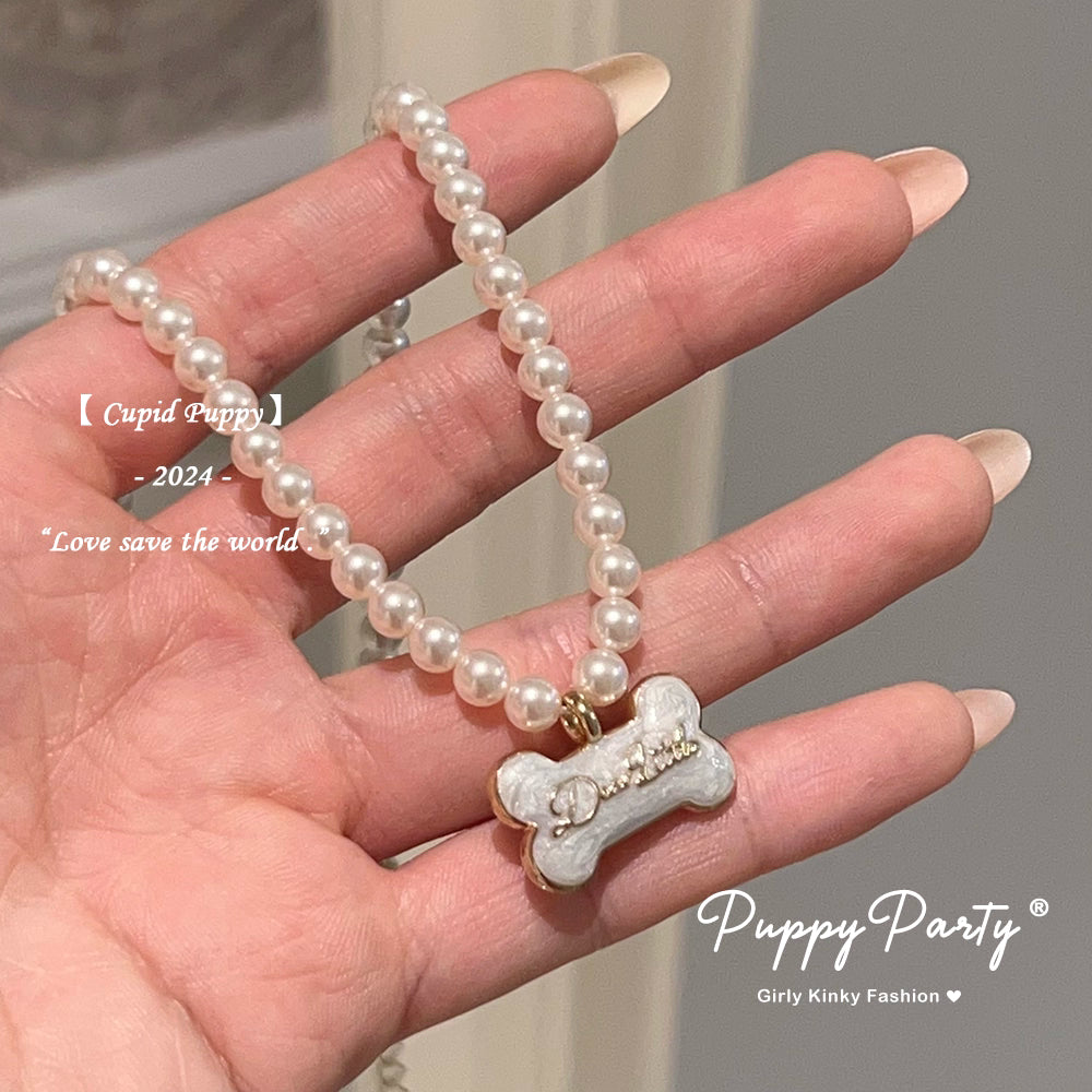 Puppy Cupid Pearl Necklace & Bracelet Set